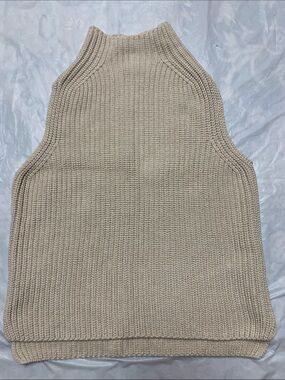 Faherty Cotton Cashmere Ribbed Mock Neck Sleeveless Sweater Beige Minimalist Med